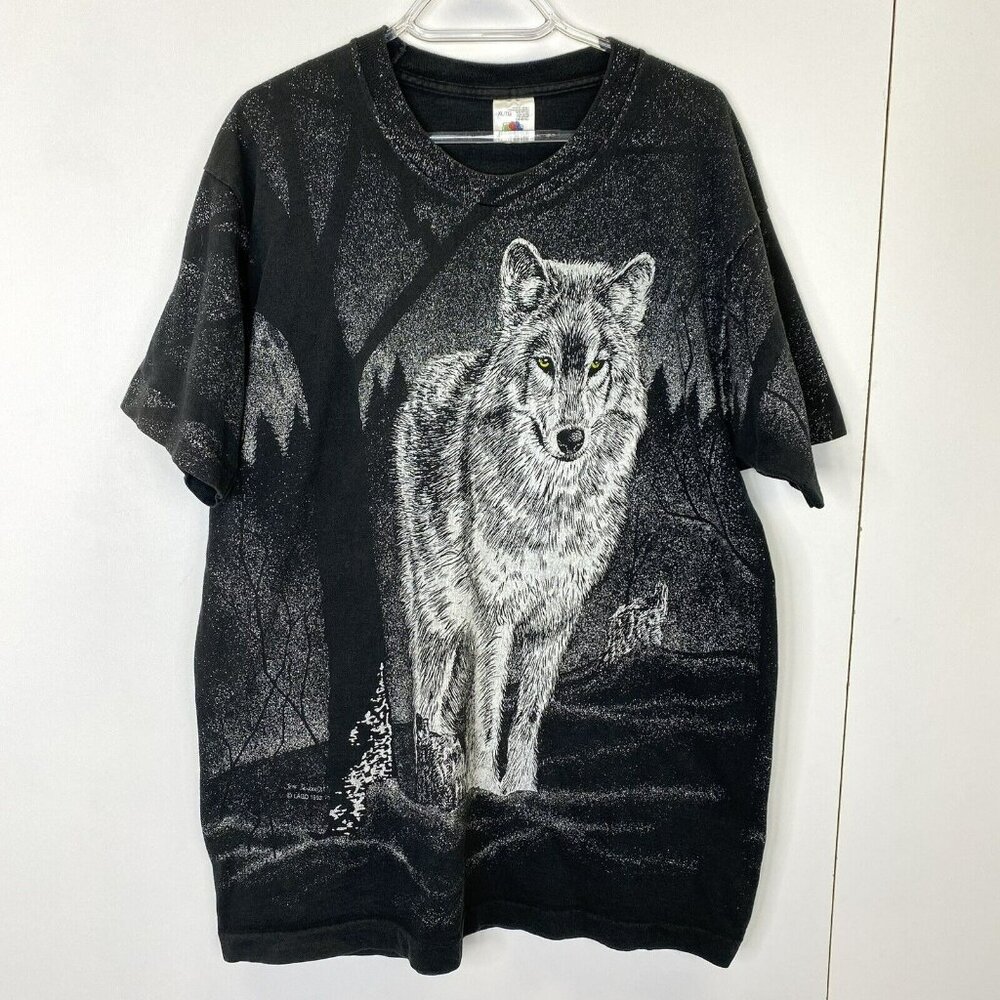 Vintage 1993 Allover Print T-Shirt Night Wolf Snow Mens Large Black Crew Neck